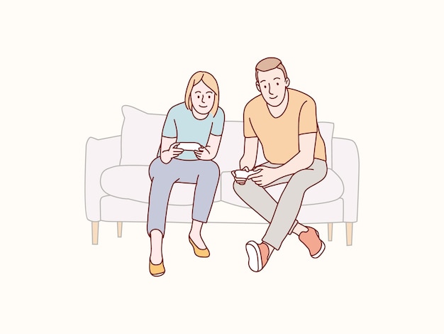 Пара счастлива играть в игру с джойстиком на диване простая иллюстрация в корейском стиле