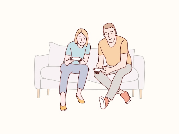 Couple happy playing game with joystick on sofa simple korean style illustration