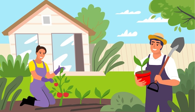 Пара собирает растения на заднем дворе мужчина и женщина-садовники