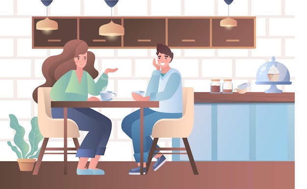 Couple having breakfast concept man and woman in love are sitting at table chatting and drinking hot