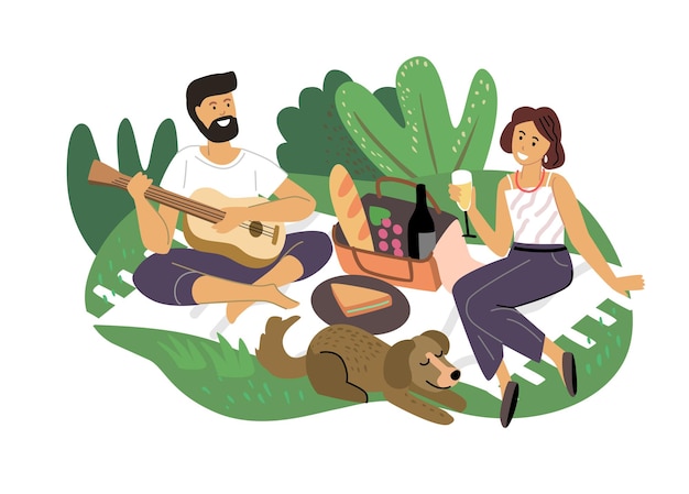 Vector couple having date in nature romantic picnic vector man playing guitar woman drinking wine