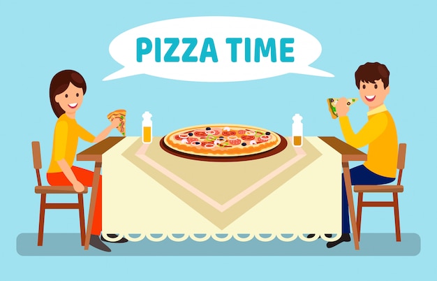 Vector couple having dinner in pizzeria flat illustration