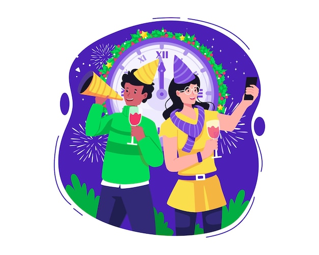 Vector a couple having fun celebrating new year's eve with the clock showing 12 o'clock illustration