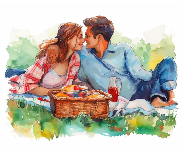ピクニックの水彩画を描くカップル