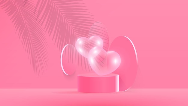 Couple heart on 3d podium with leaves shadow. vector illustration.