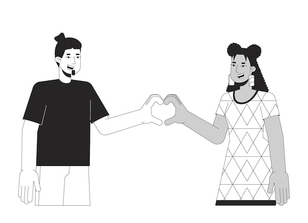 Couple heart hands flat line black white vector characters Man and woman Heart gesture Editable outline half body people on white Simple cartoon isolated spot illustration for web graphic design