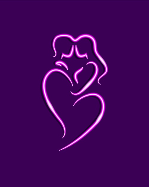 Vector couple in heart hug neon brush line symbol