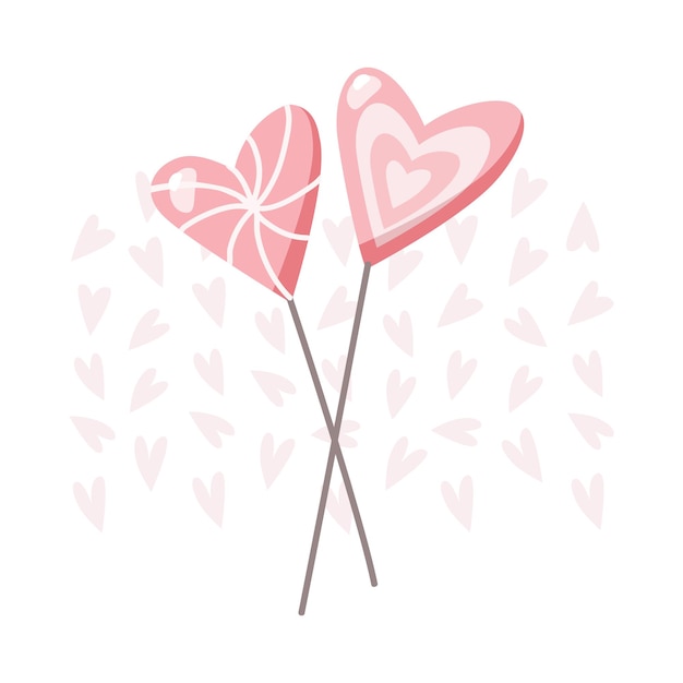 Couple of heart shape lollipop candy Valentine's day pale pink color sweet flat graphic illustration