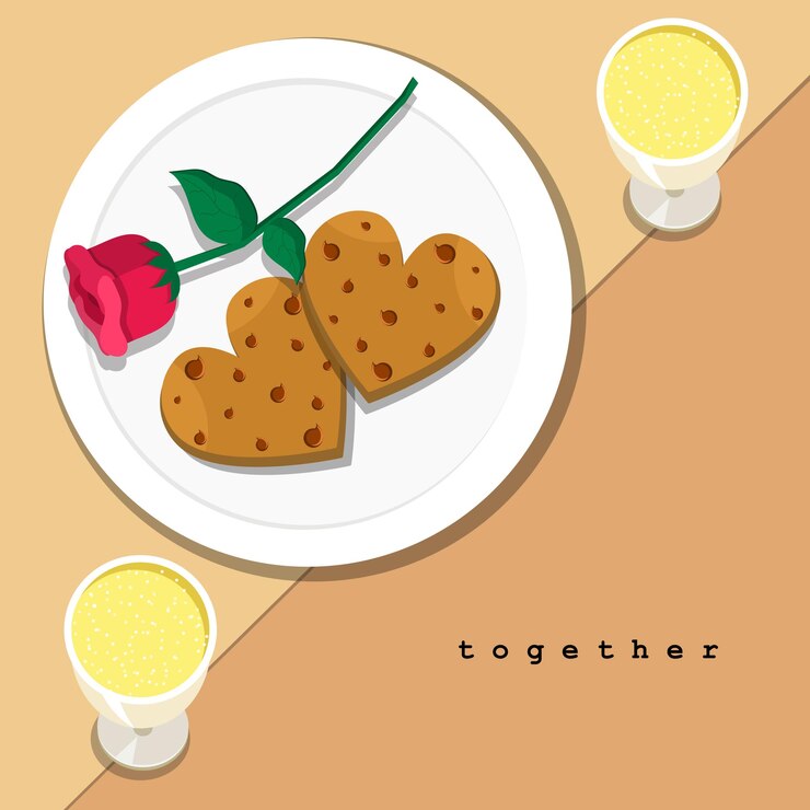 वेक्टर couple of heart shaped cookies and pink rose on plate with couple champagne on table setting dinner.