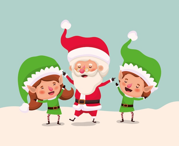 Couple helpers with santa claus in snowscape