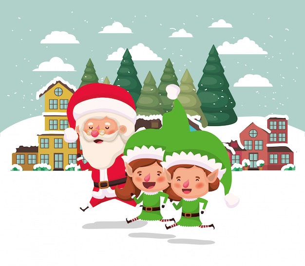 Couple helpers with santa claus in snowscape