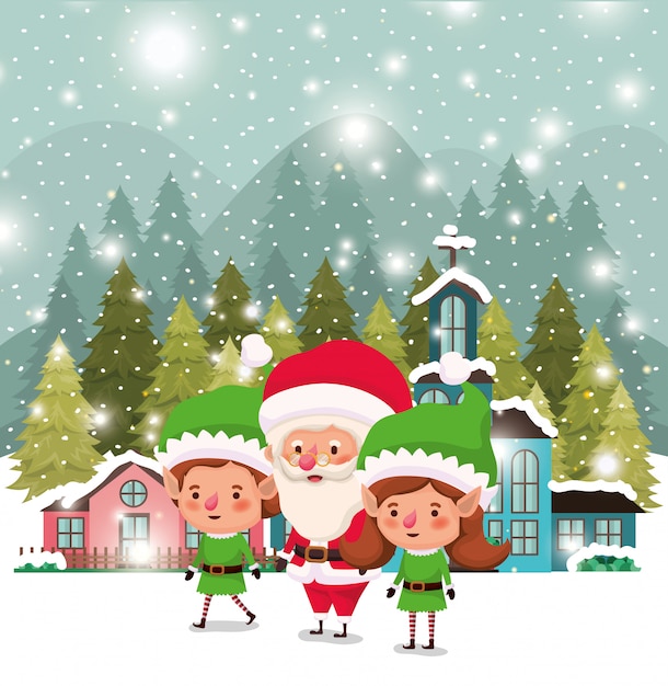 Aiutanti di coppia con babbo natale in snowscape