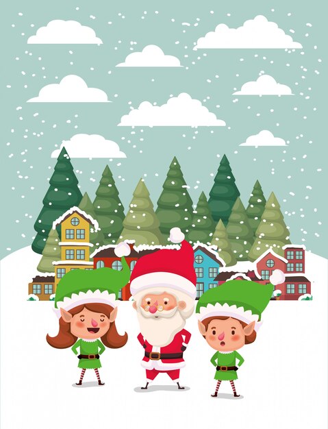 Couple helpers with santa claus in snowscape