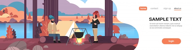 Vector couple hikers man woman cooking meals in bowler boiling pot at campfire near camp tent camping autumn landscape nature river mountains