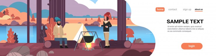 Вектор пара туристы мужчина женщина приготовление пищи в котелке кипящий котел у костра возле лагеря палатка кемпинг осенний пейзаж природа река горы