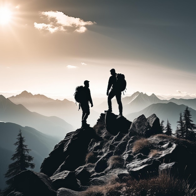 couple of hikers with backpacks in the mountains couple of hikers with backpacks in the mountai