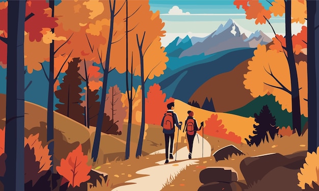 秋の山でハイキングするカップル フラット スタイルの秋の風景
