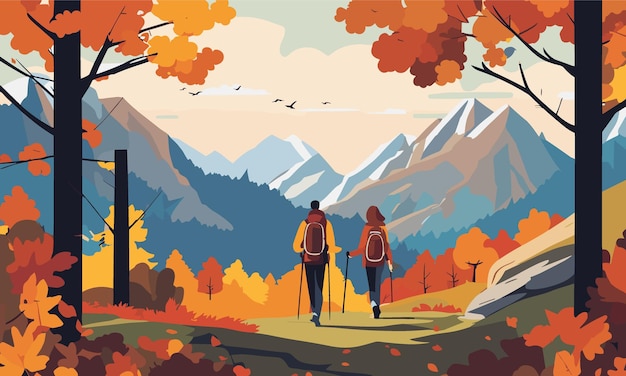 Couple hiking in autumn mountains autumn landscape in flat style
