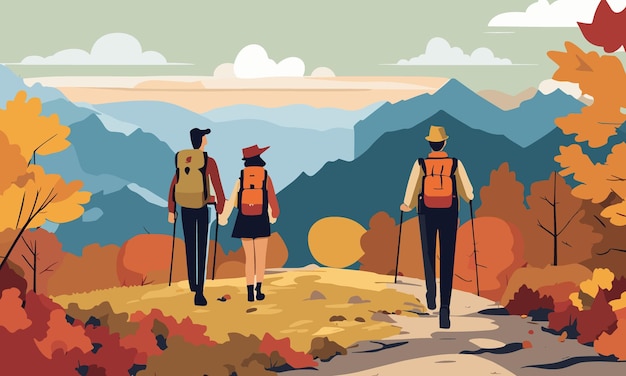 Vector couple hiking in autumn mountains autumn landscape in flat style