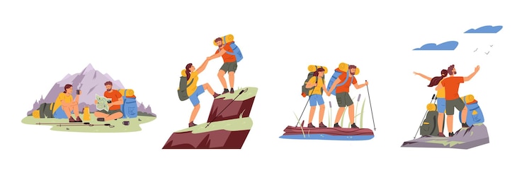 Vector カップルハイキングベクトルイラストセット。男性と女性が屋外で旅行します。アクティブなライフスタイル。
