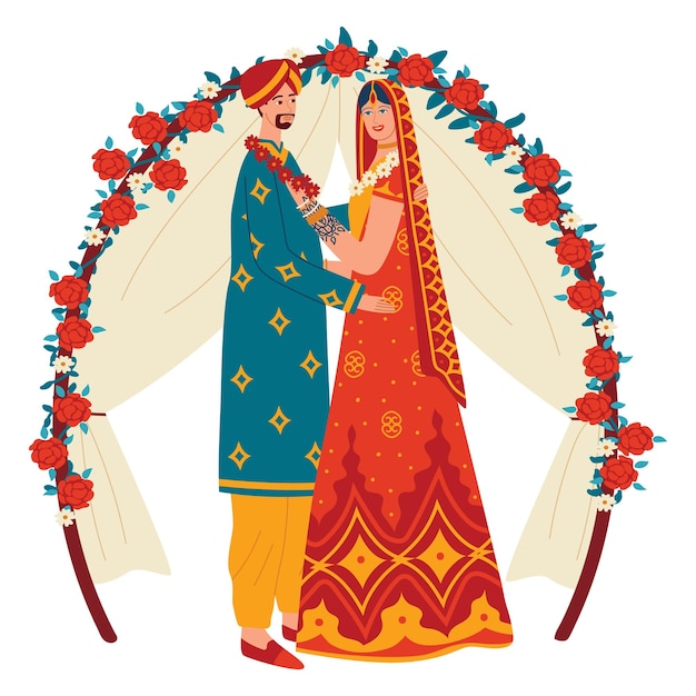 伝統的な儀式のベクトル図の文化のお祝いのドレスでヒンズー教の花嫁の女性と男性の新郎のカップル