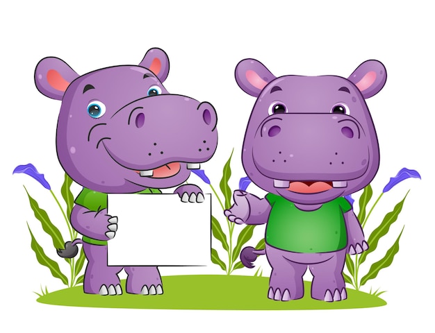 The couple of hippopotamus is holding a blank board and explaining the board illustration