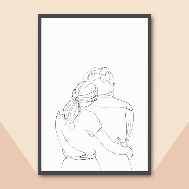 Couple holding each other black white vector line drawing illustration