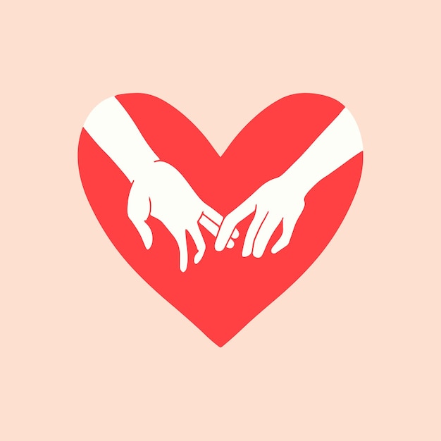 Couple holding each other hand in the middle of red heart shape logo flat vector illustration