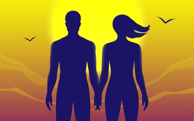 Vector couple holding each others hands on a sunset background adam and eve concept vector illustration