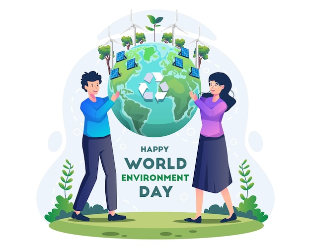 Vector couple holding the globe earth to taking care of the globe earth save the planet illustration