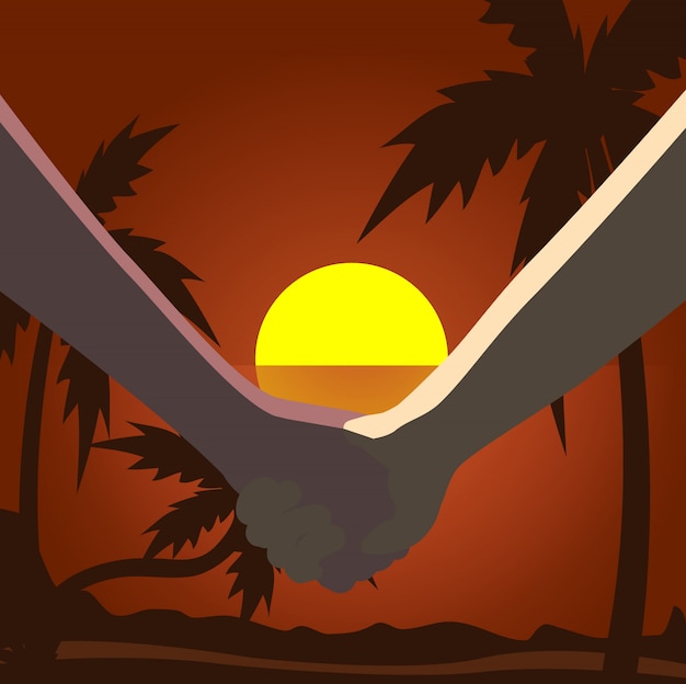 Vector couple holding hand on the sunset of summer beach