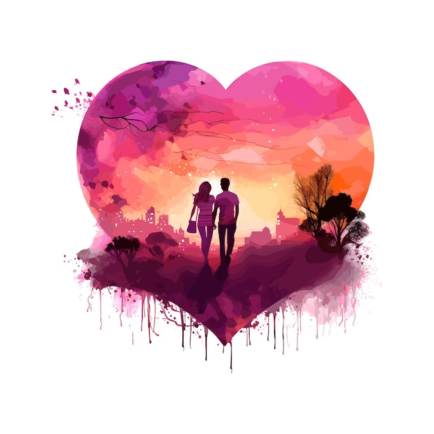 Vector the couple holding hands in front of cinematic sunset with heart shape couple sublimation design