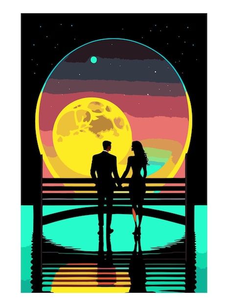 Vector a couple holding hands looking at the moon in the sky.