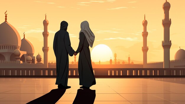 Vector a couple holding hands and a mosque in the background