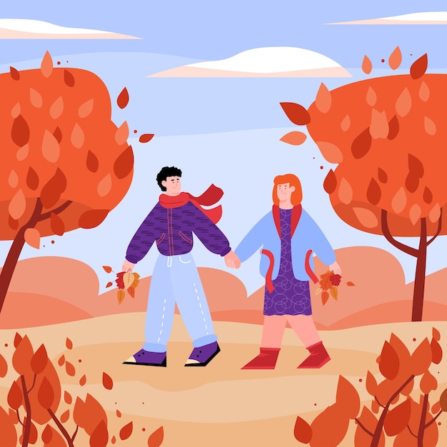 Couple holding hands walking in autumn park, flat cartoon vector illustration