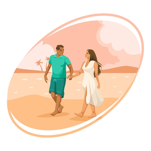 couple holding hands walking on a sandy beach vector illustration against a pastelcolored background concept of love and vacation vector illustration