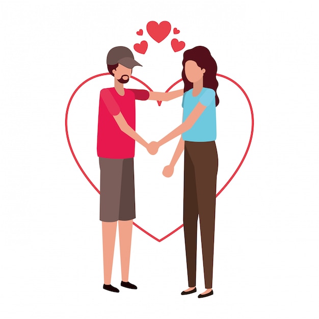 Couple holding hands with hearts character