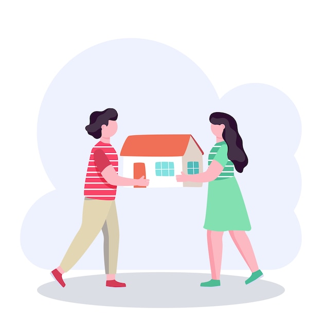 Couple holding a model of new house, real estate mortgage concept, vector illustration