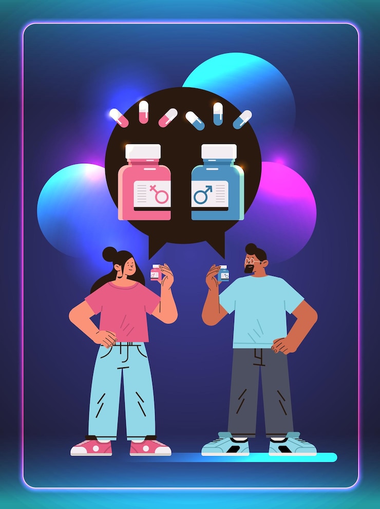 Vector couple holding oral contraceptive blue and pink pills for erection birth control pill concept prevention hiv and aids item for relax sex and wellness vertical vector illustration