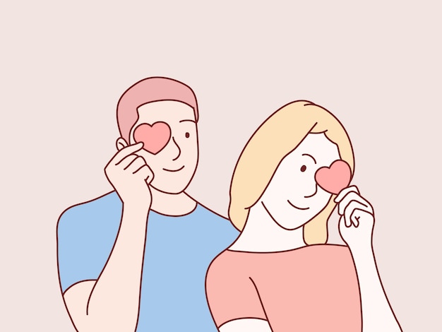 Пара, держащая красные бумажные сердца возле глаз и улыбающаяся простая иллюстрация в корейском стиле