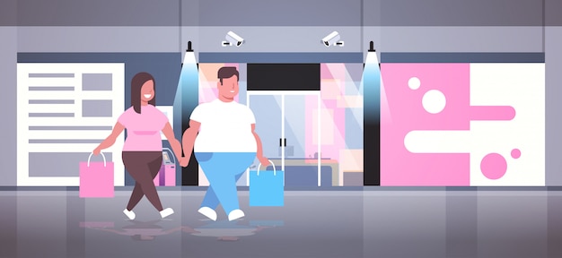 Vector couple holding shopping bags big sale concept happy  man woman walking in front of modern shop