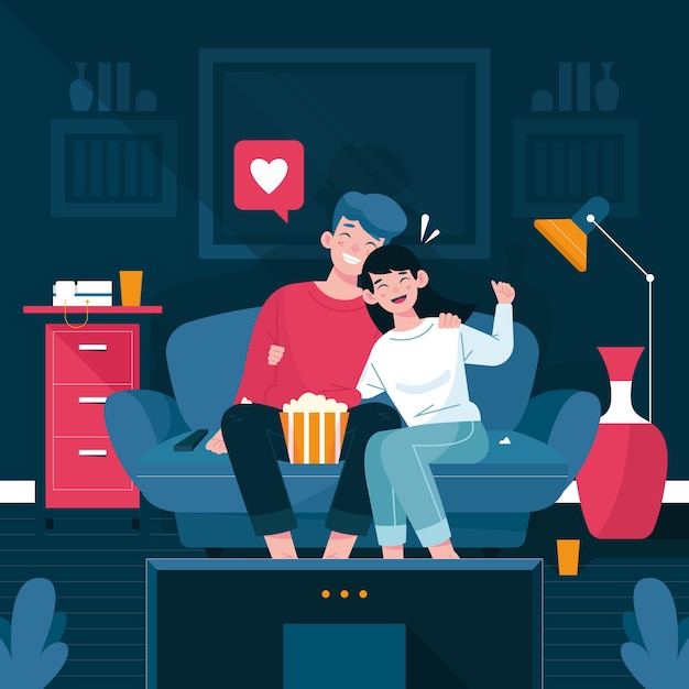 Vector couple at home watching a movie