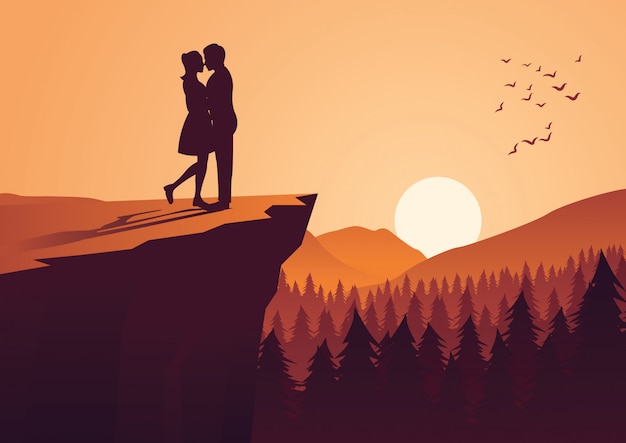 Vector couple hug together on cliff