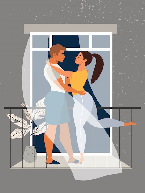 Vector couple hugging at the balcony. love couple. quarantine and self-isolation concept. family staying at home during the pandemic. beautiful couple in the window. man and woman standing at the balcony.