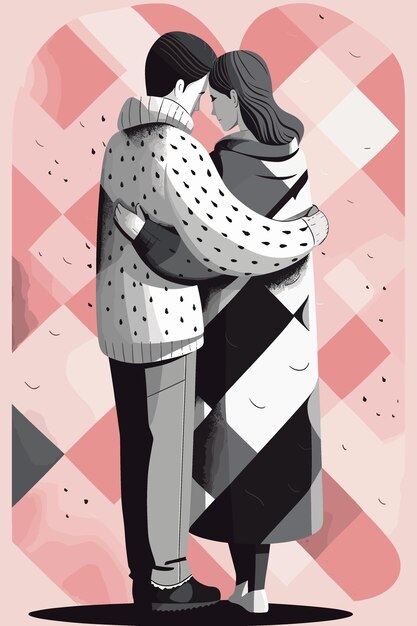 A couple hugging in front of a pink background