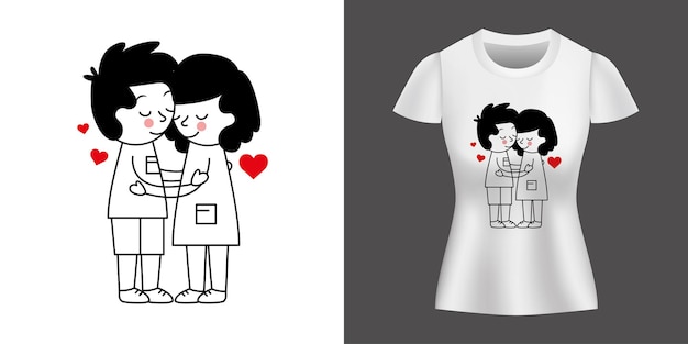 Couple hugging between hearts printed on shirt.