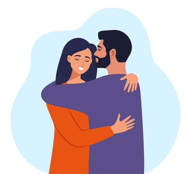 Vector couple hugging with eyes closed happy woman and man in love woman smiles in the arms of her partner