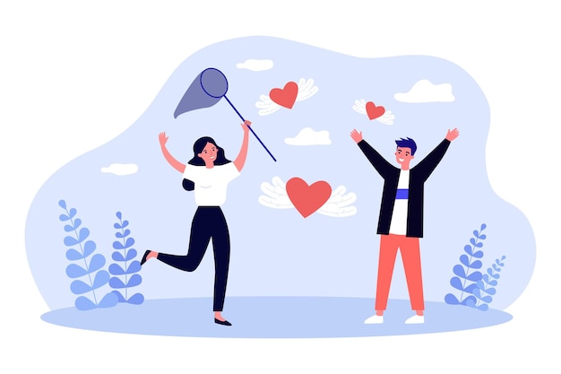 Coppia di cacciatori che inseguono cuori rossi con rete a farfalla. uomo e donna in cerca di amore e relazione piatta illustrazione vettoriale. concetto di san valentino per banner, progettazione di siti web o pagina web di destinazione