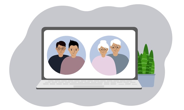 Пара муж, жена, дети, общение. Ноутбук. Старый пенсионер, бабушка и дедушка. Люди сидят дома, пользуются интернетом.
