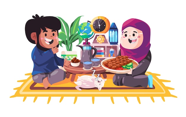 커플 ifthar 먹는 휴식 단식 라마단 함께 먹는 모임 여자와 아버지